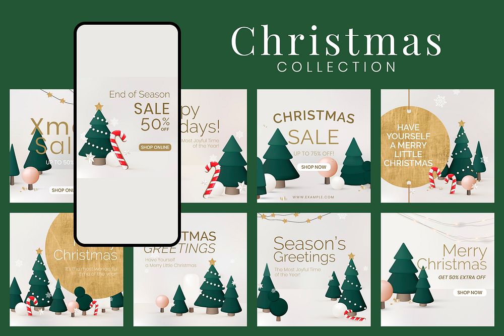 Christmas sale template, social media post set vector