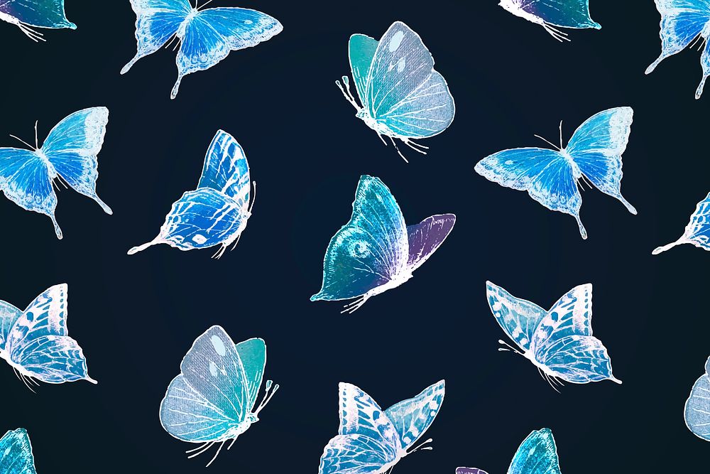 Neon butterfly pattern background, holographic blue design on black