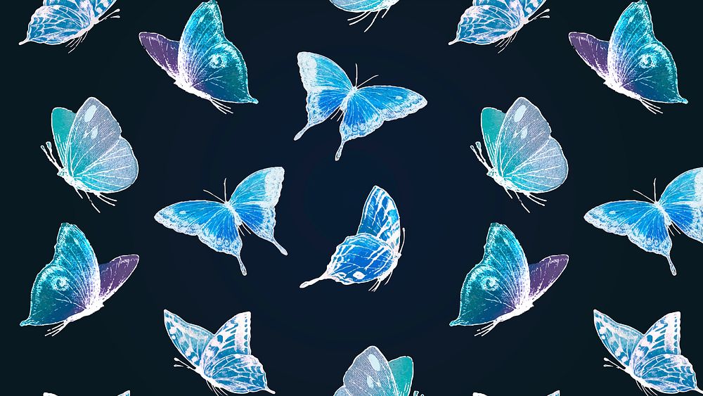 Neon butterfly desktop wallpaper, holographic blue design on black vector