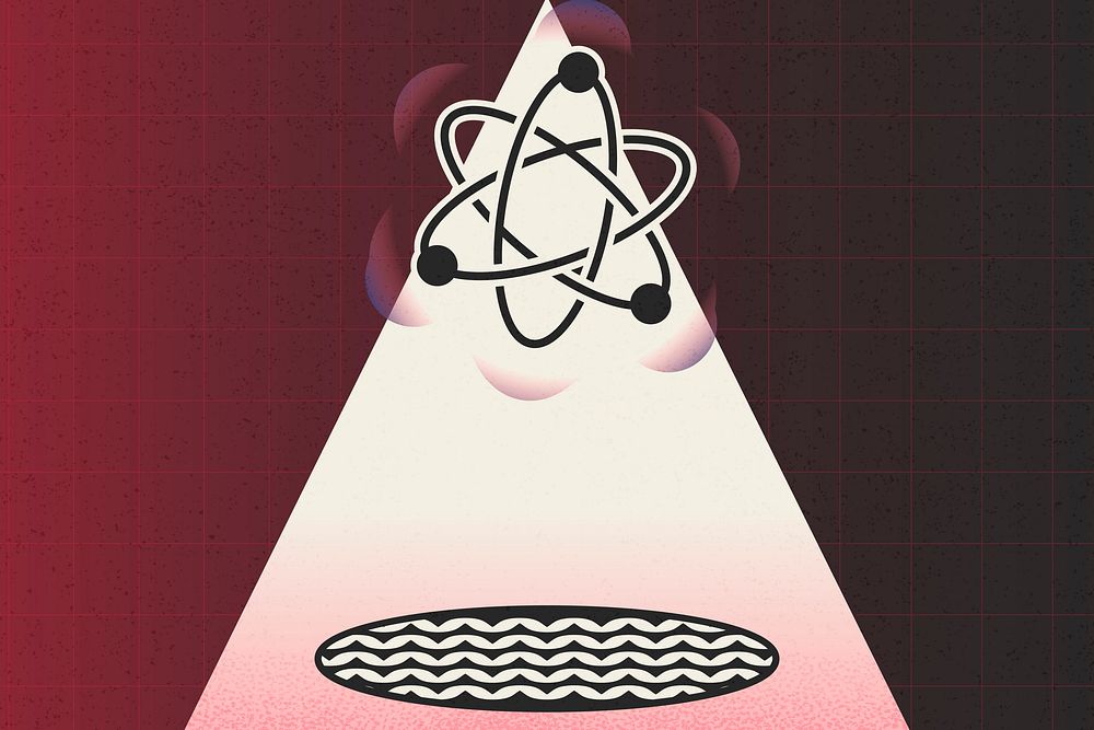 Science atom red background, surrealistic art vector, radioactive design