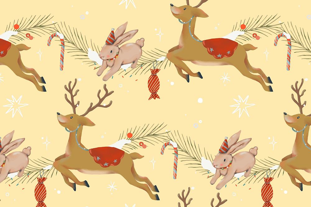Christmas reindeer background, cute winter holidays pattern illustration