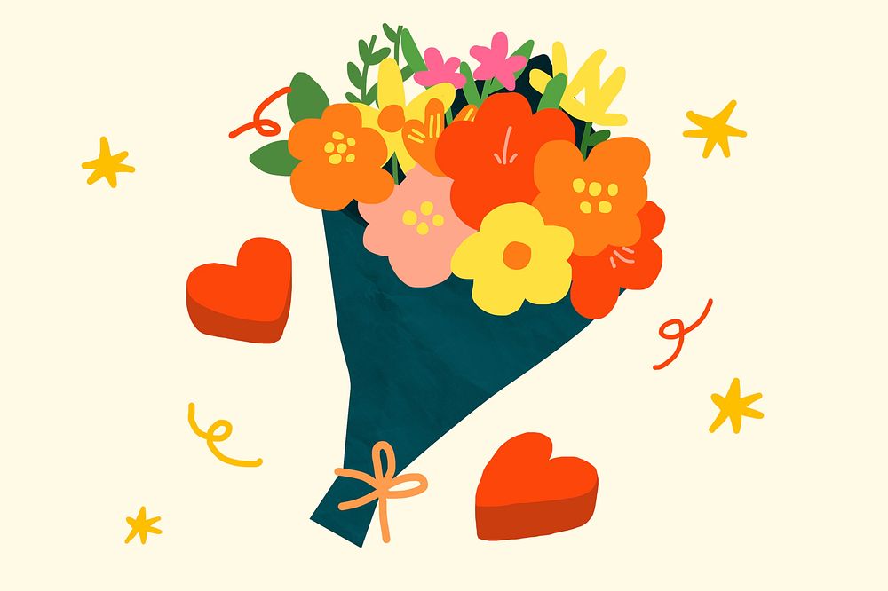 Valentine&rsquo;s flower bouquet, colorful celebration illustration psd