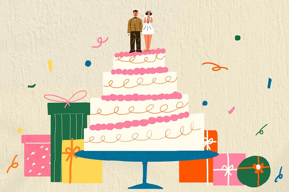Wedding cake doodle illustration, bride and groom celebration