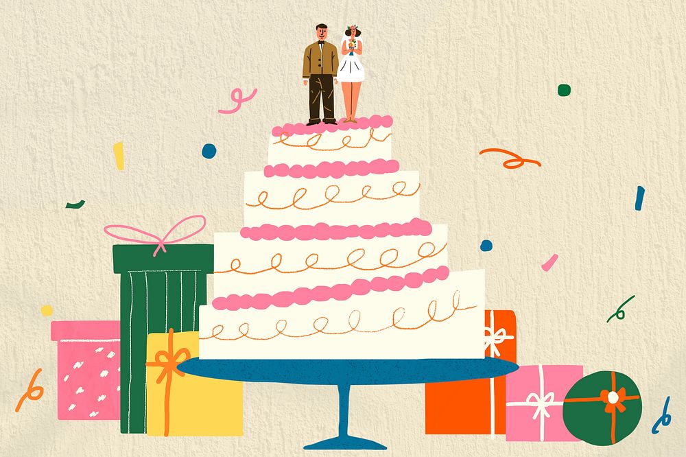 Wedding cake doodle illustration, bride and groom celebration psd