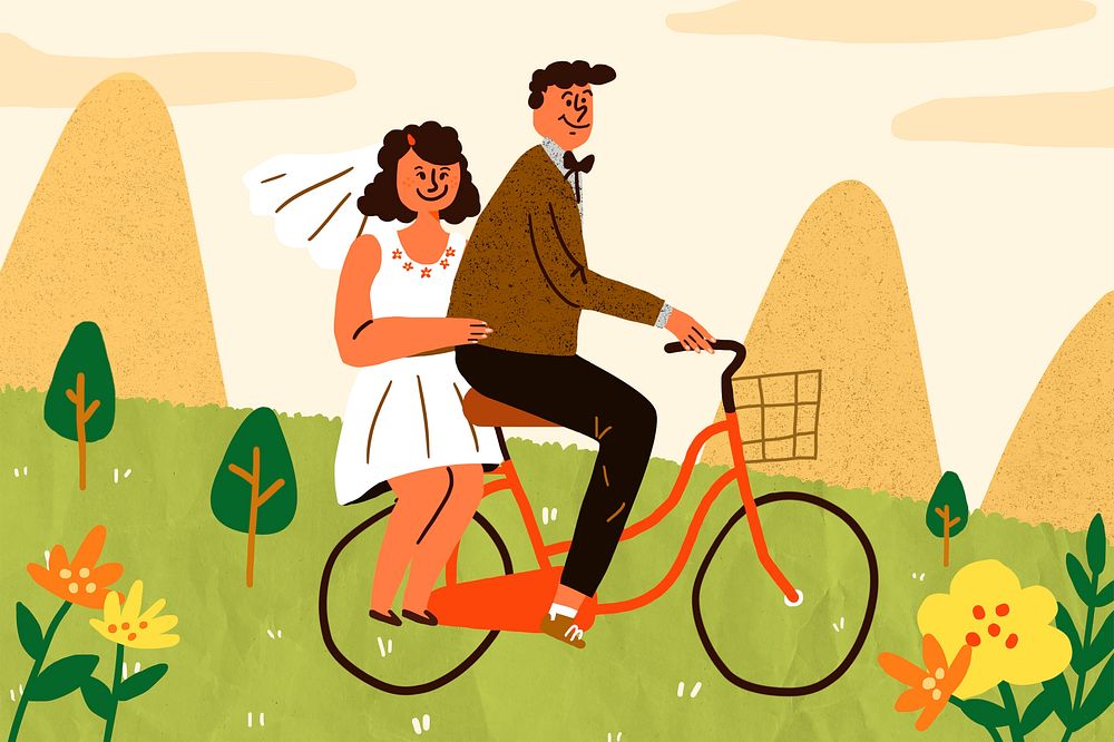 Wedding celebration doodle illustration, bride and groom riding a bicycle psd