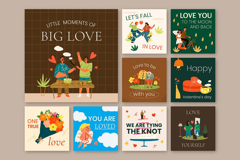 Valentine&rsquo;s celebration Instagram post template, cute doodle illustrations and quote vector set