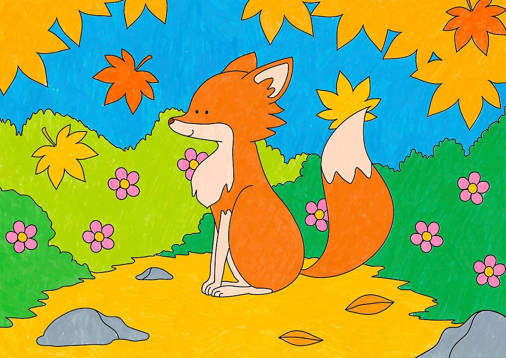 Fox in autumn illustration, editable kids coloring page vector