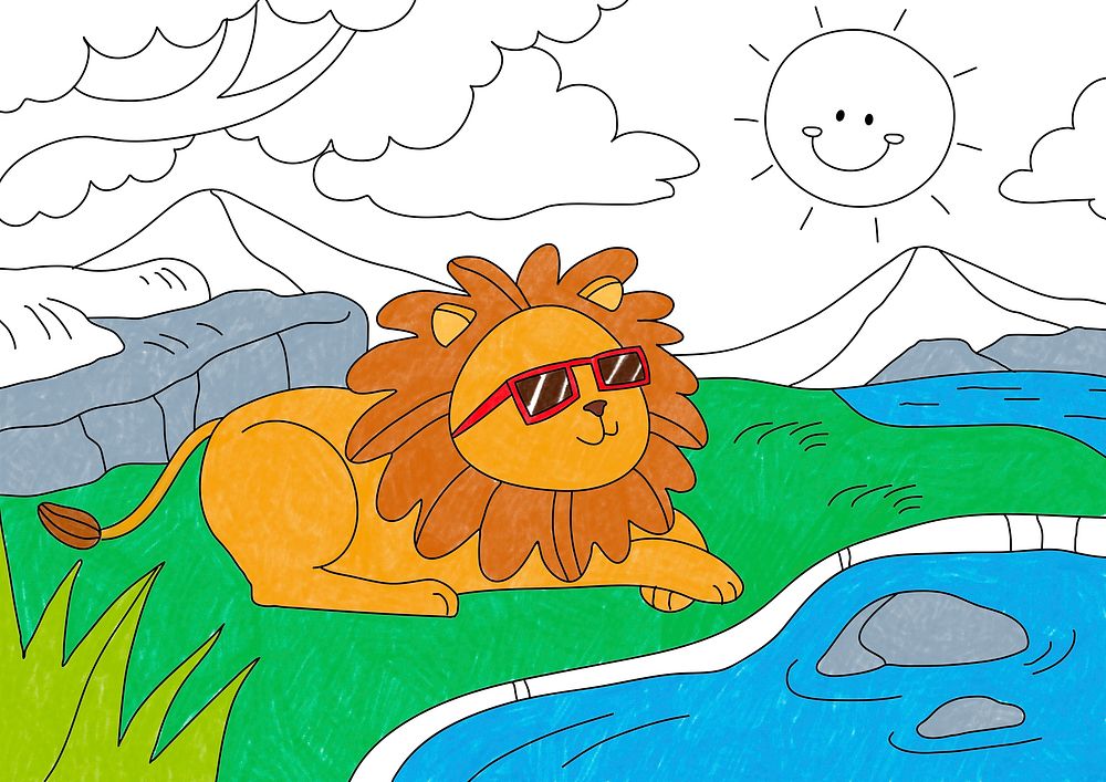 Lion suntanning, colorful animal illustration for kids