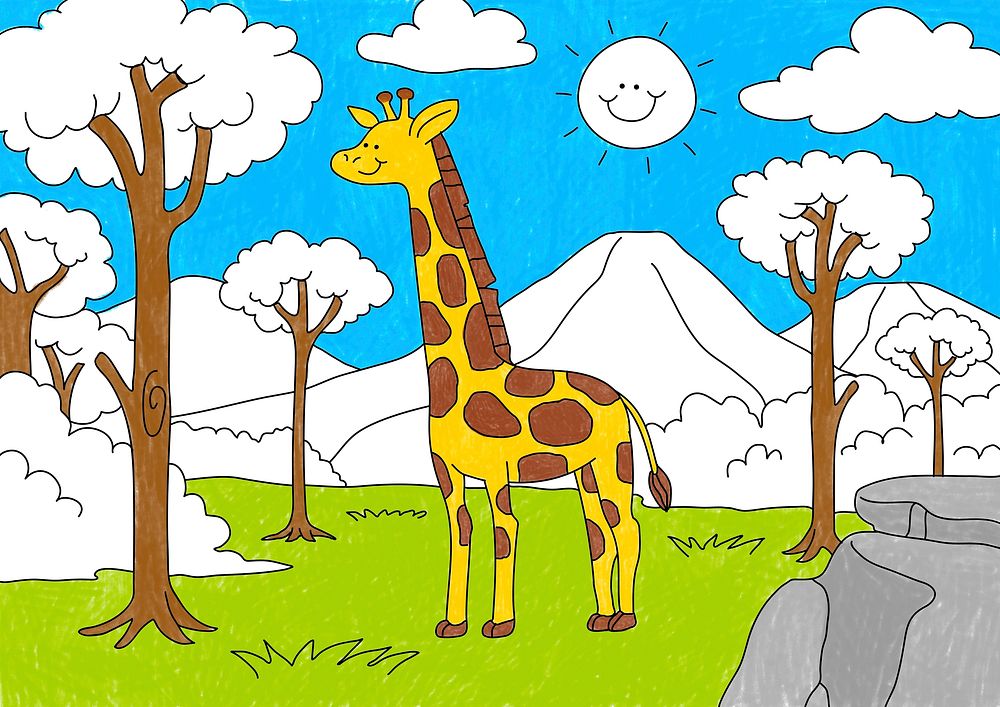 Cute giraffe illustration psd, editable kids coloring page