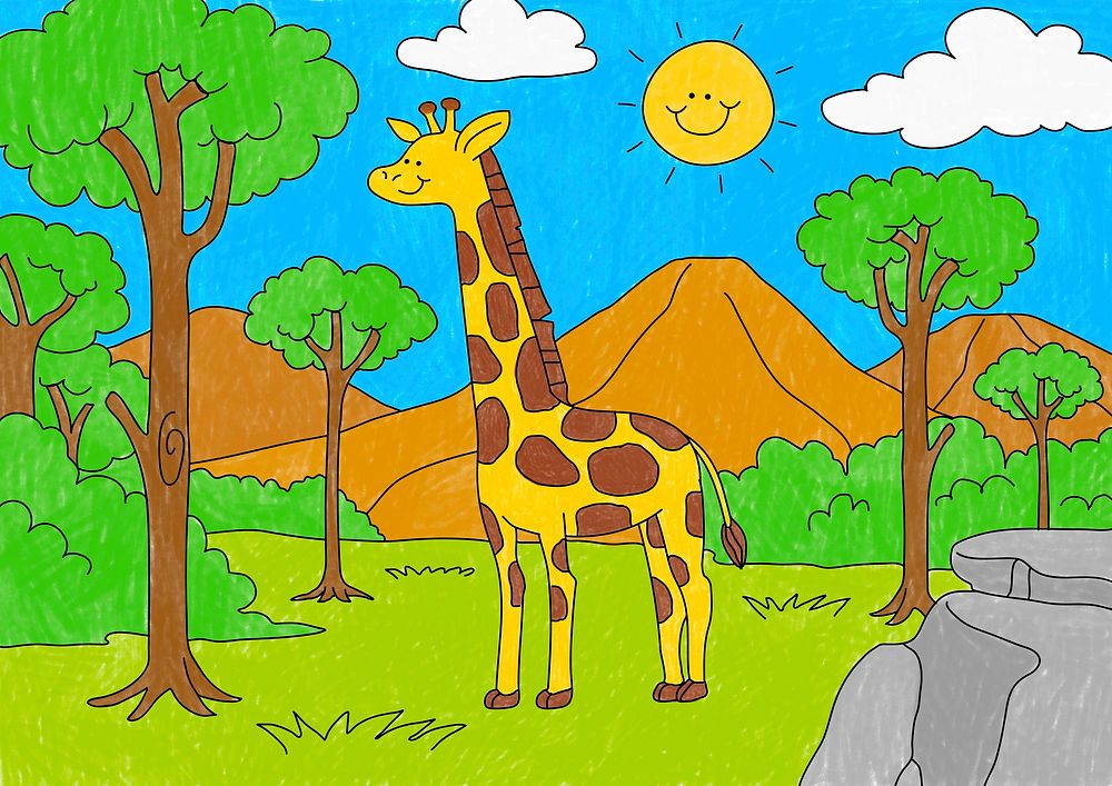 Cute giraffe illustration psd, editable kids coloring page