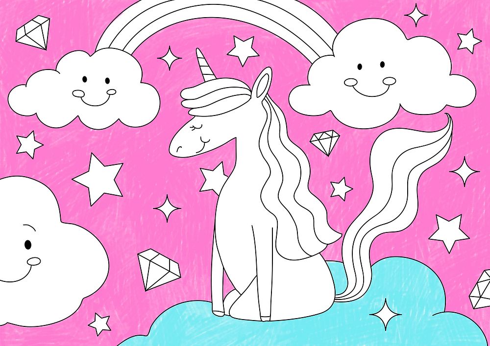 Magical unicorn, pink background psd, editable kids coloring page