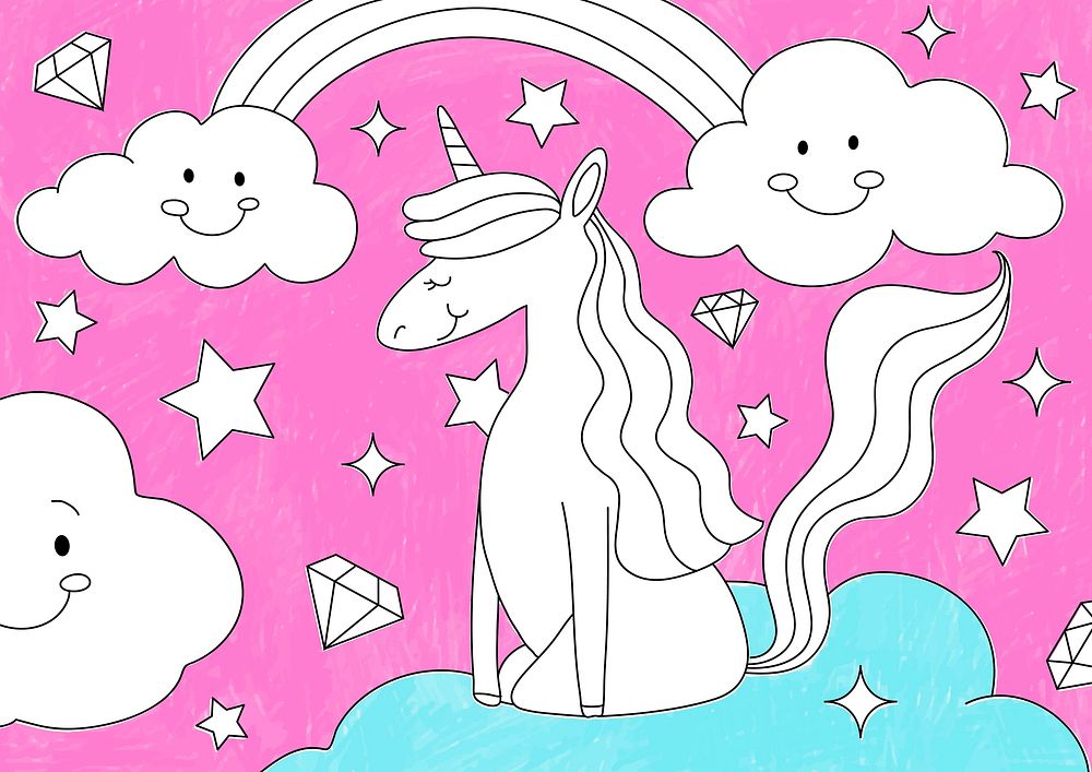 Magical unicorn, pink background, editable kids coloring page vector
