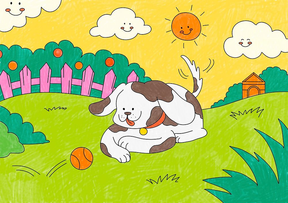 Cute dog in garden illustration, editable kids coloring page psd