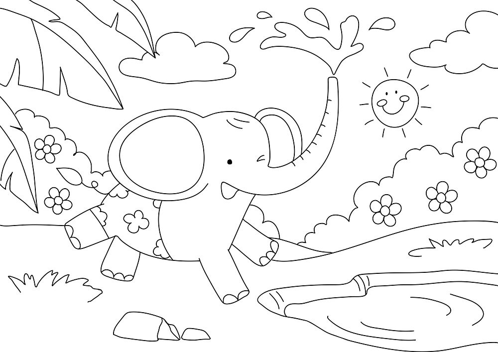 Elephant kids coloring page psd, blank printable design for children to fill in