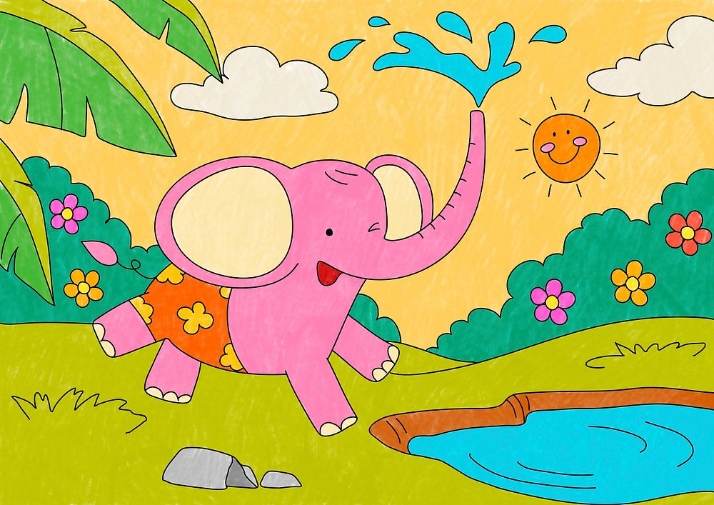 Pink elephant illustration psd, editable kids coloring page