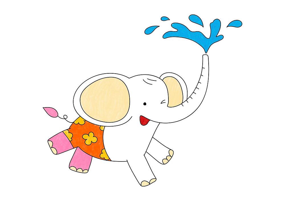 Elephant baby splashing water, colorful animal illustration for kids
