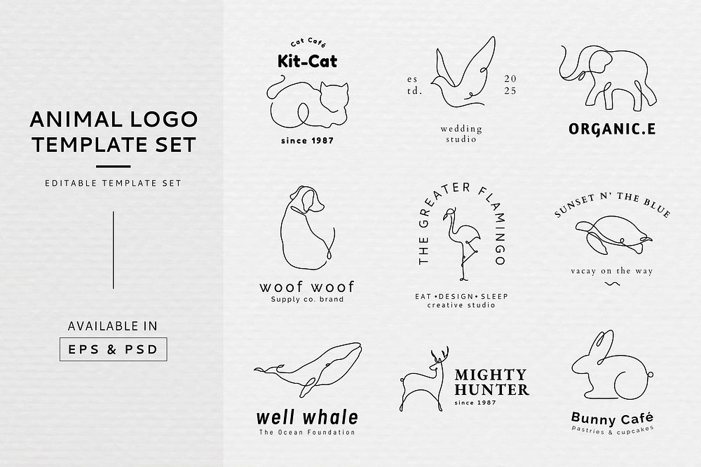 Animal logo template, line art illustration set psd