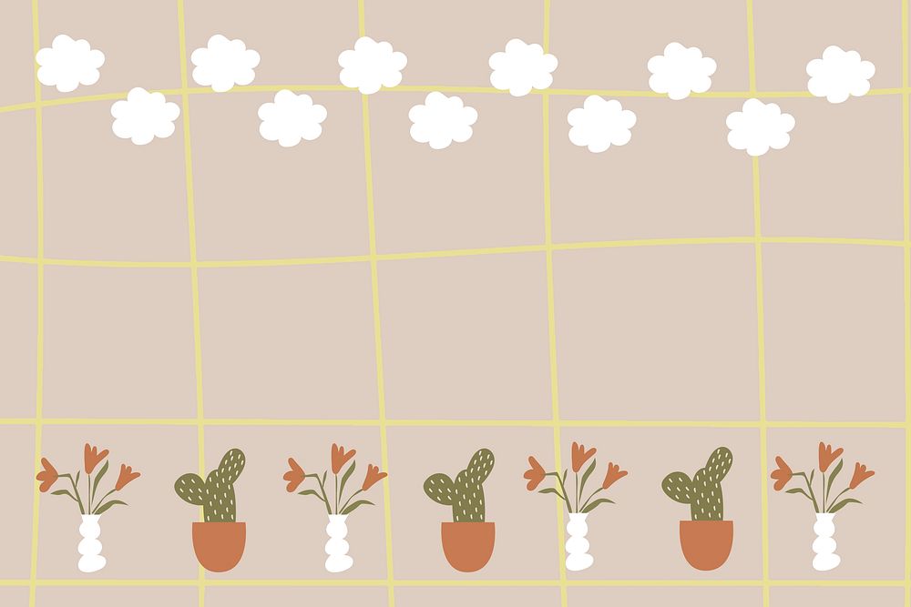 Cute grid frame background, plant doodle in earth tone design