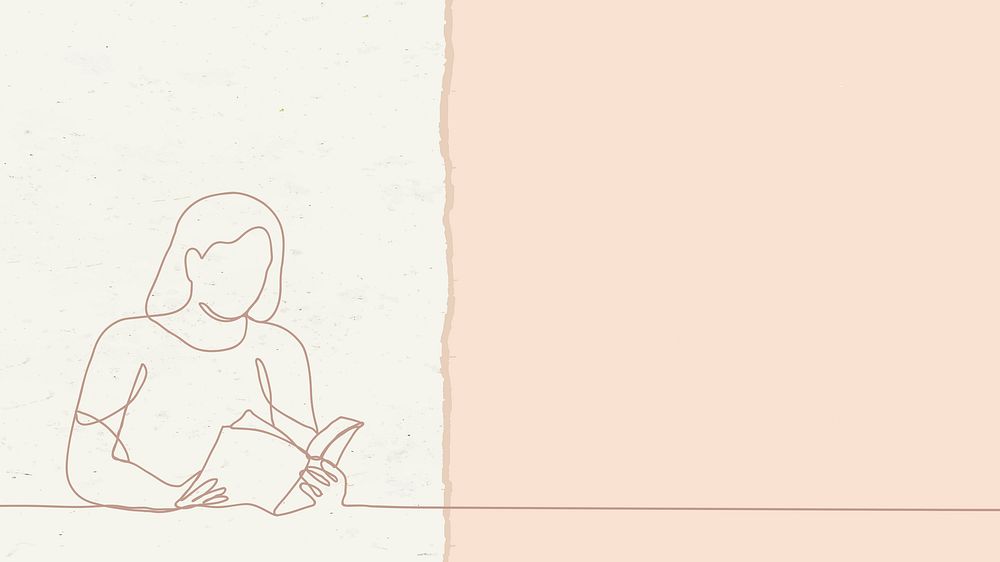 Feminine desktop wallpaper, cream simple background design, woman reading a book illustration psd