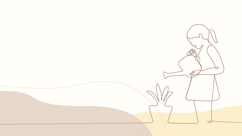 Feminine desktop wallpaper, beige simple background design, girl watering plant illustration vector