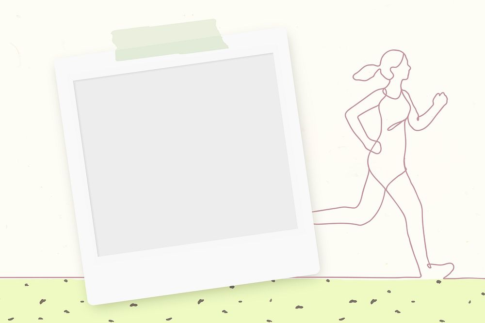 Instant photo frame background, line art illustration, hand drawn person jogging graphic psd