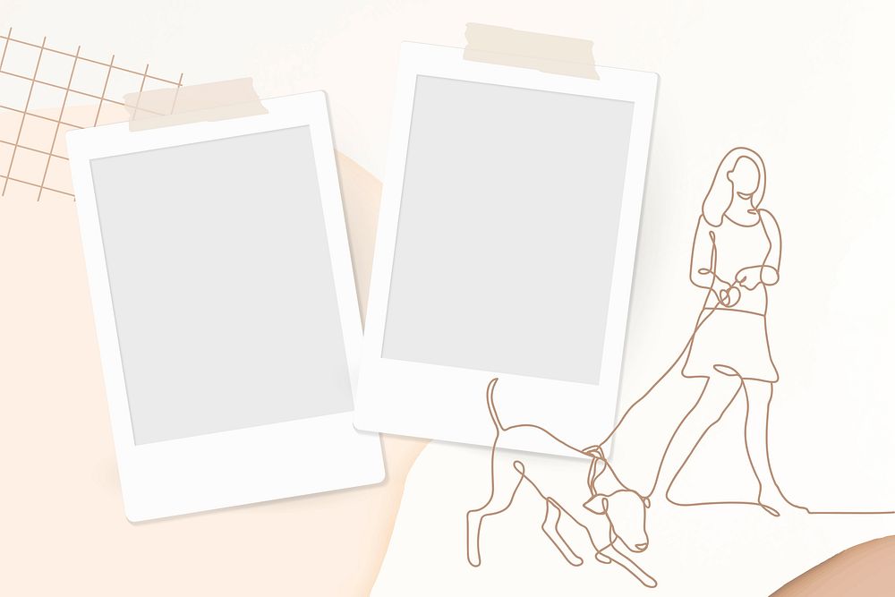 Instant photo frame background, person waliking a dog graphic illustration