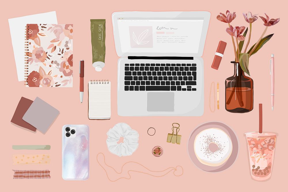 Beauty blogger essentials sticker, pink feminine illustration vector set