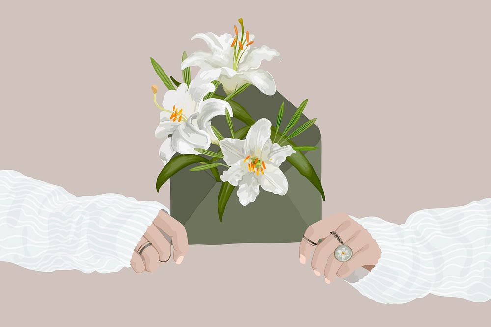 Lily flower background, aesthetic illustration with women’s hands vector