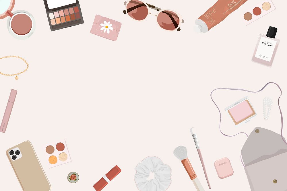 Pink feminine frame background, beauty blogger essentials aesthetic illustration