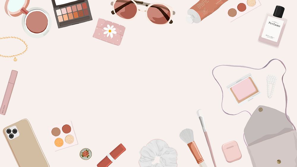 Beauty blogger desktop wallpaper, pink frame, feminine essentials illustration