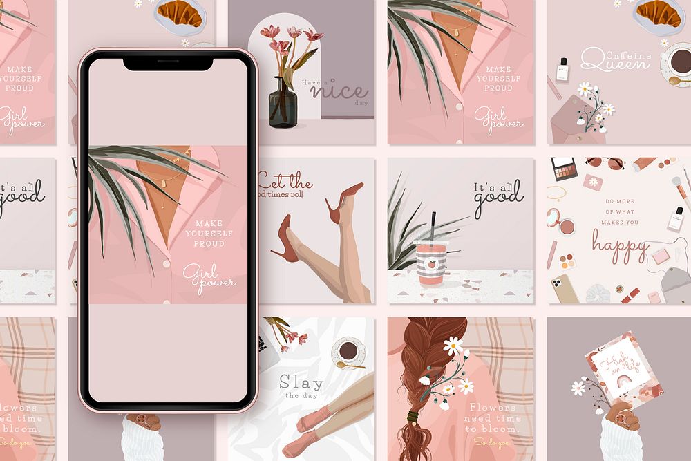 Influencer Instagram post template, pink feminine illustration vector set