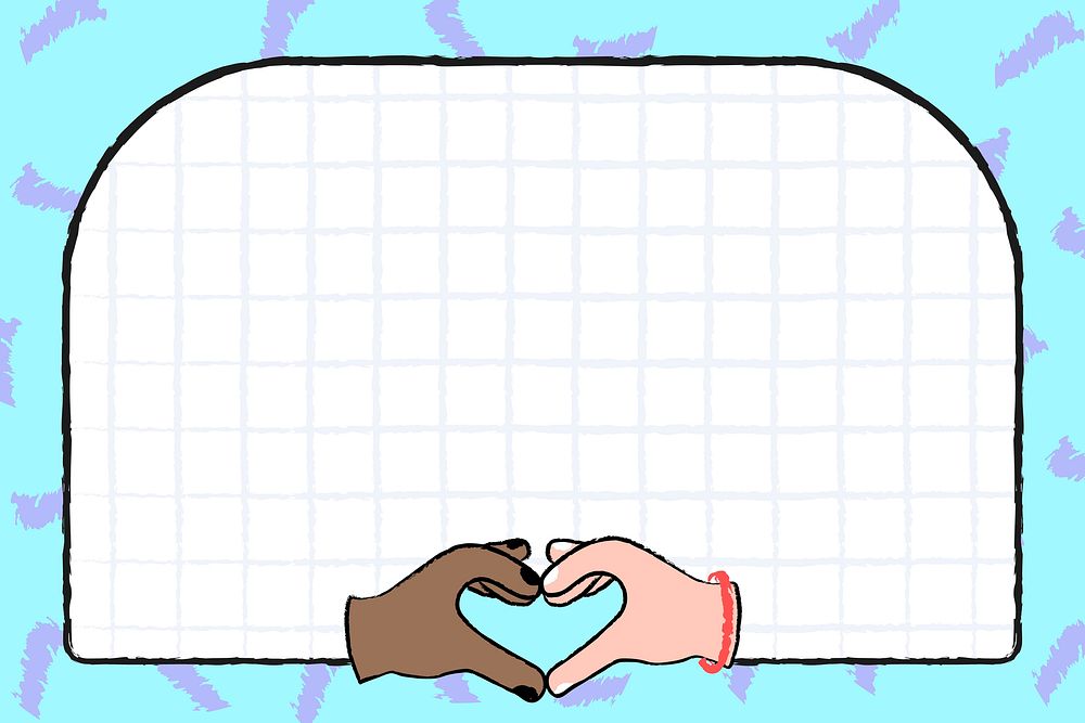 Diversity doodle background, blue funky frame with heart hand vector