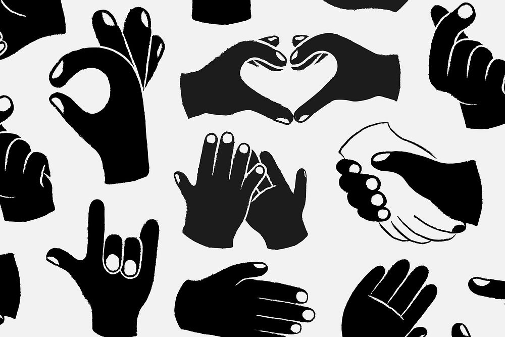 Hand sign background, doodle pattern in black and white vector