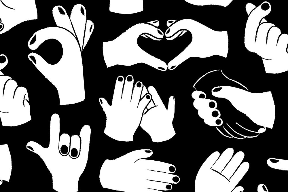 Hand sign background, doodle pattern in black and white vector