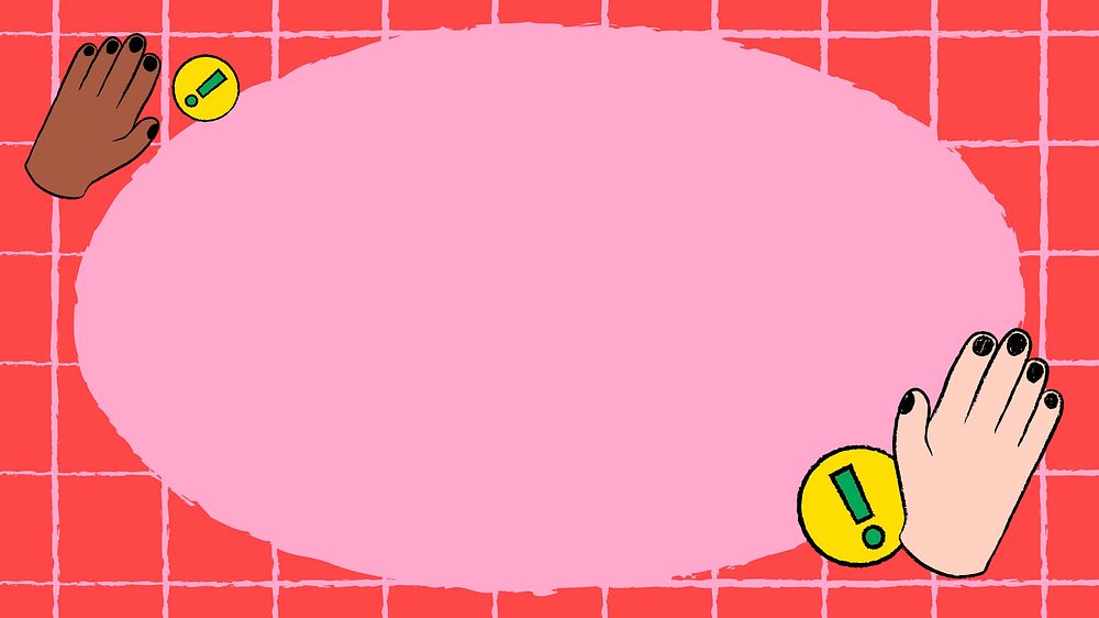 Pink funky computer wallpaper frame, stop hand gesture doodle psd