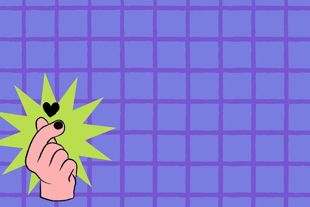 Funky purple background, grid pattern with mini-heart hand doodle