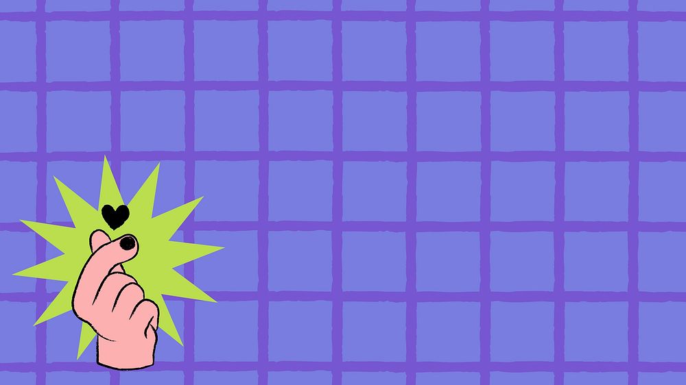 Funky purple desktop wallpaper, grid pattern with mini-heart hand doodle psd