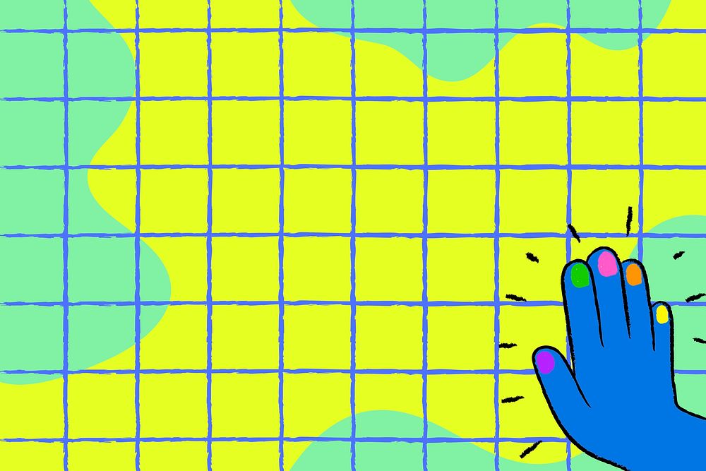Colorful grid background, funky hand border doodle