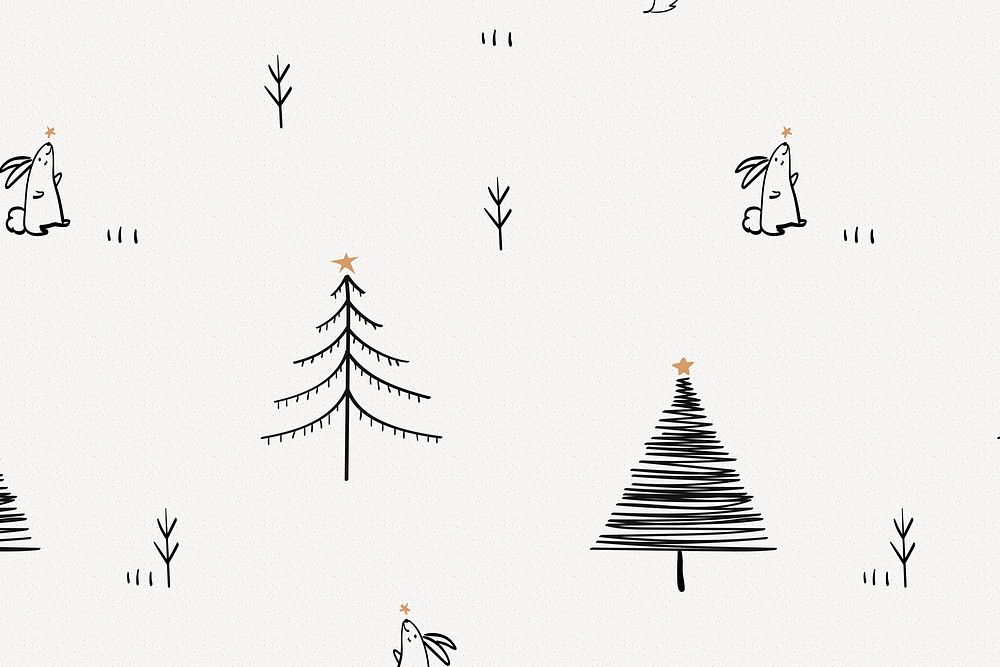 Christmas pattern background, cute winter bunny doodle in black