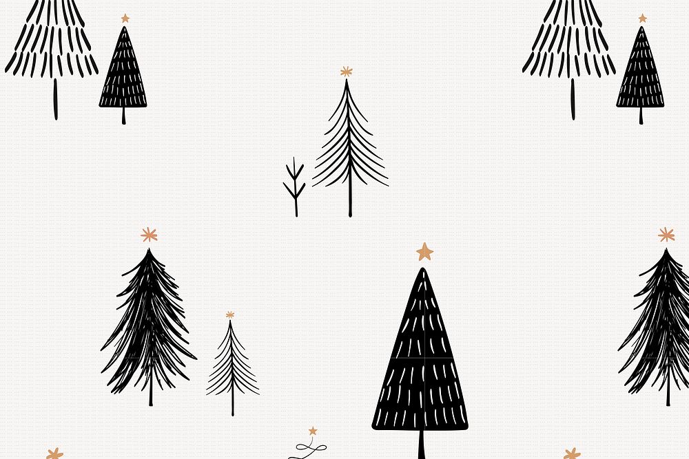 Christmas tree background, cute doodle pattern in black vector