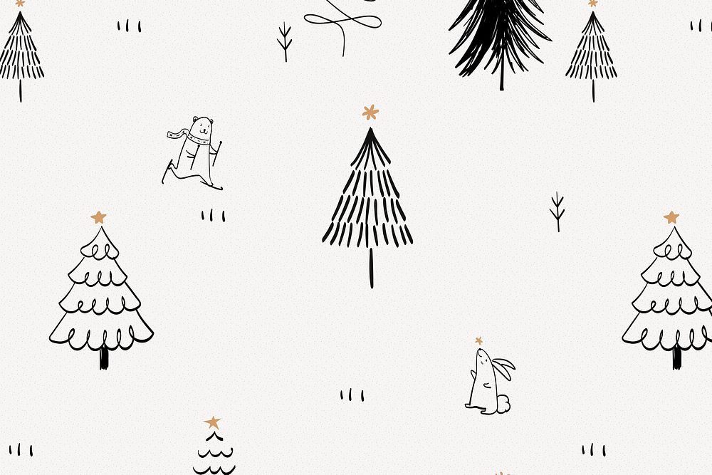 Christmas doodle background, cute polar bear animal pattern in black