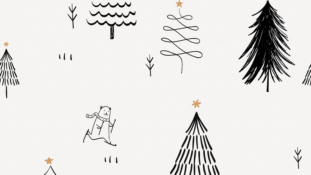 Christmas desktop wallpaper, cute doodle pattern in black and white vector