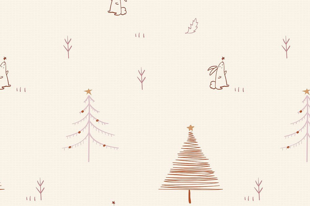 Cream Christmas background, festive trees pattern in doodle design vector