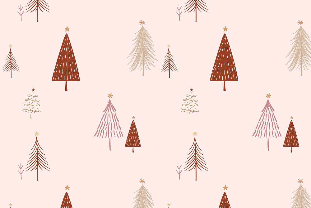 Pink Christmas background, festive trees pattern in doodle design vector