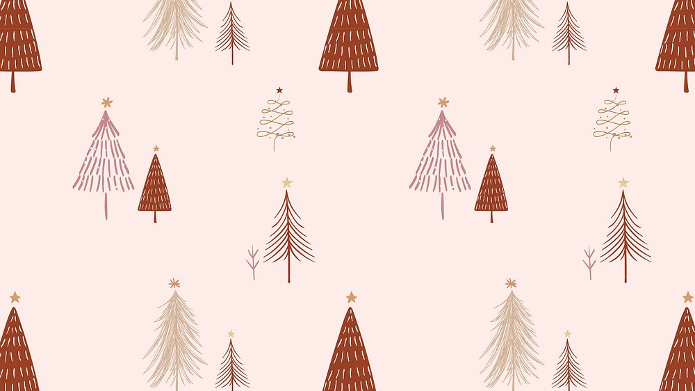 Pink Christmas desktop wallpaper, pine trees doodle pattern vector