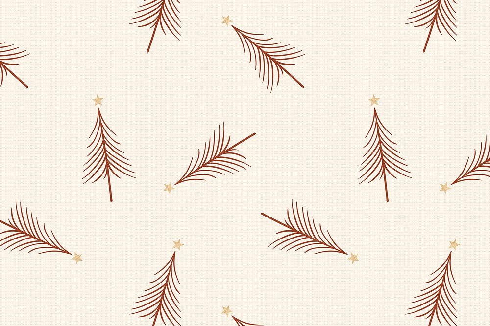 Cream Christmas background, festive trees pattern in doodle design