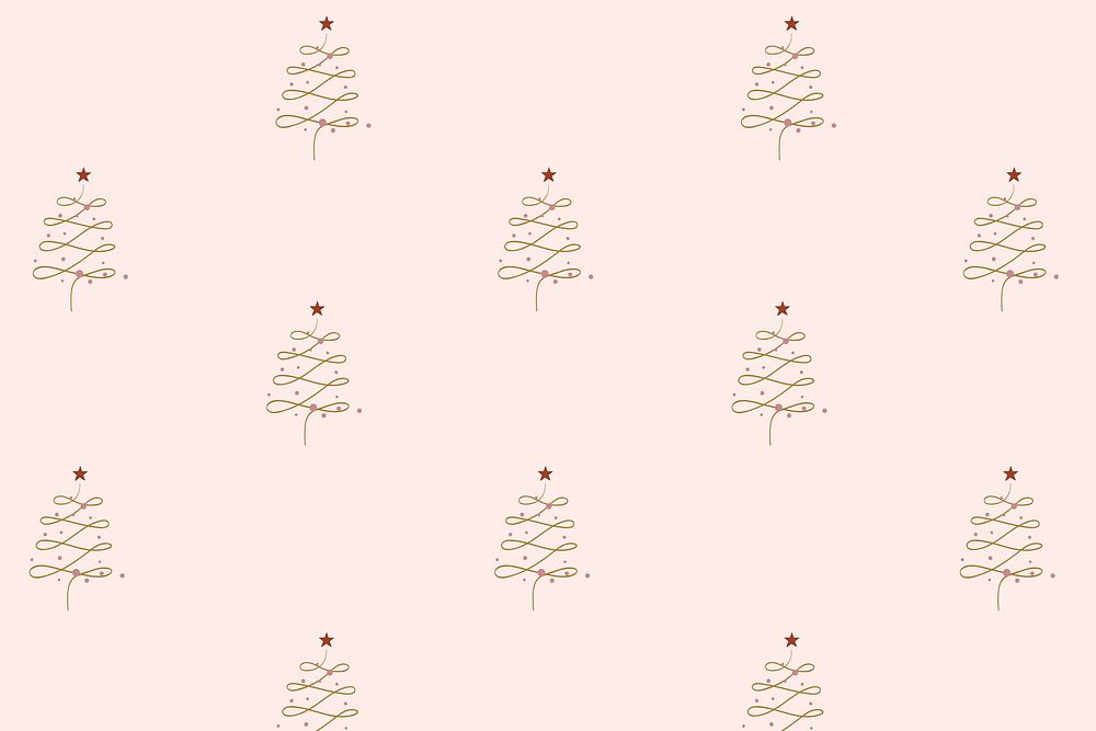 Pink Christmas background, festive trees pattern in doodle design