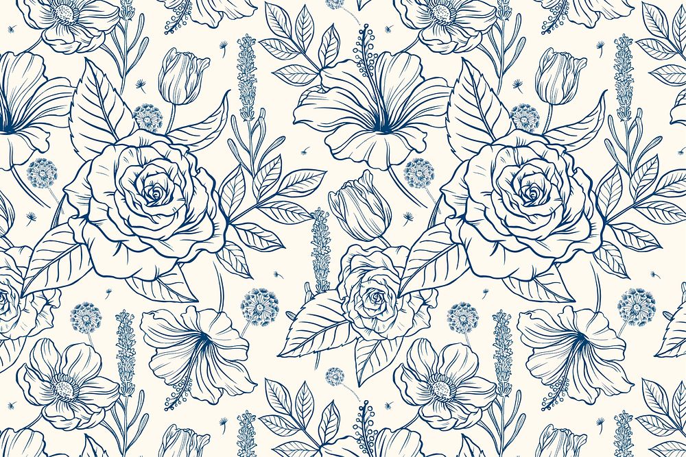Vintage rose pattern background, blue botanical illustration vector