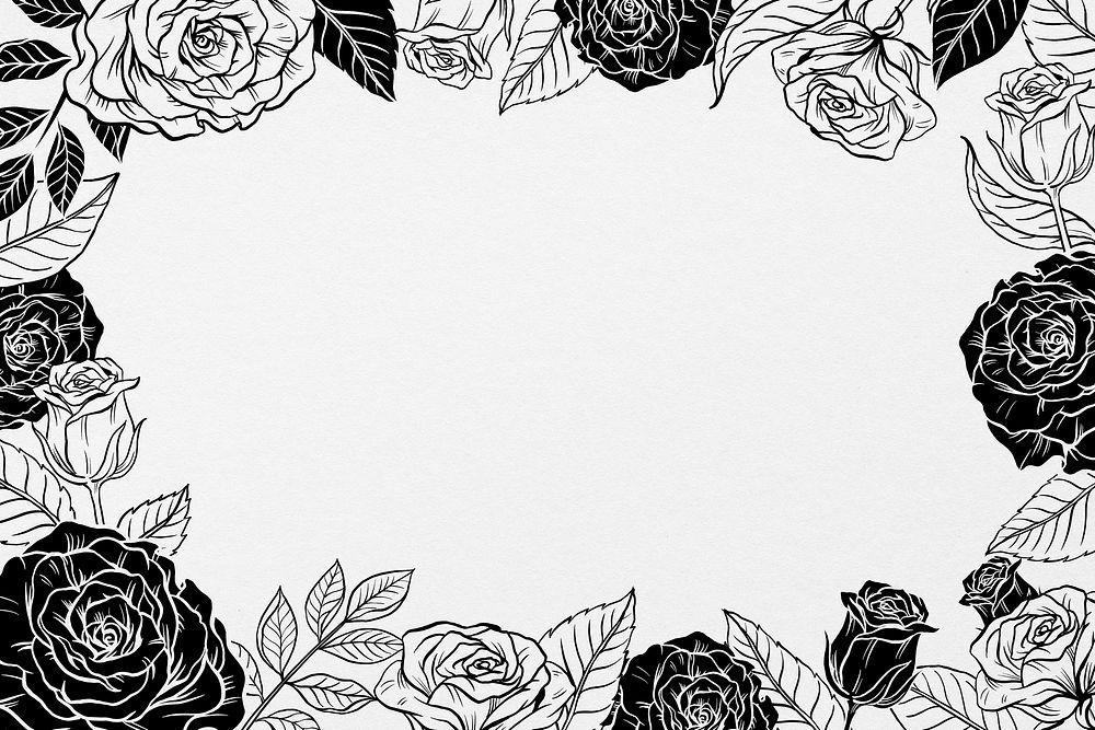 Vintage rose frame background, flower illustration in black and white