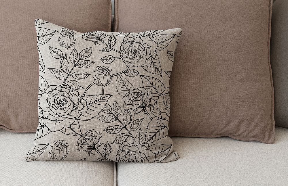 Floral pattern cushion cover, black botanical realistic design